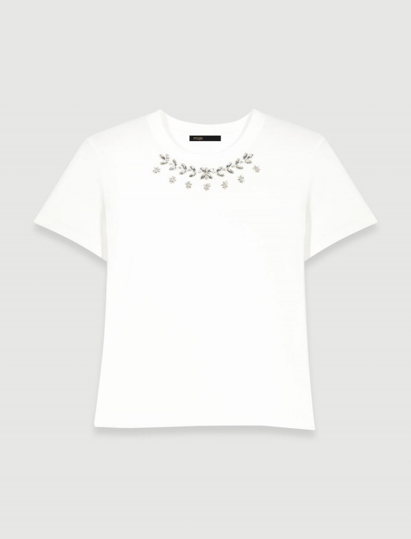 Maje 100% Bavlněné T-shirt With Rhinestones Bílé | CZ_M59575