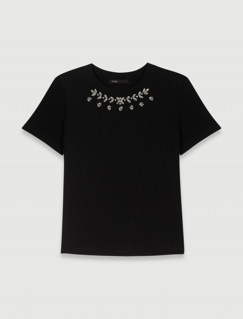 Maje 100% Bavlněné T-shirt With Rhinestones Černé | CZ_M15083