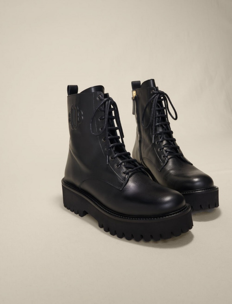 Maje Black Læder Krajkové-up Boots Černé | CZ_M98231