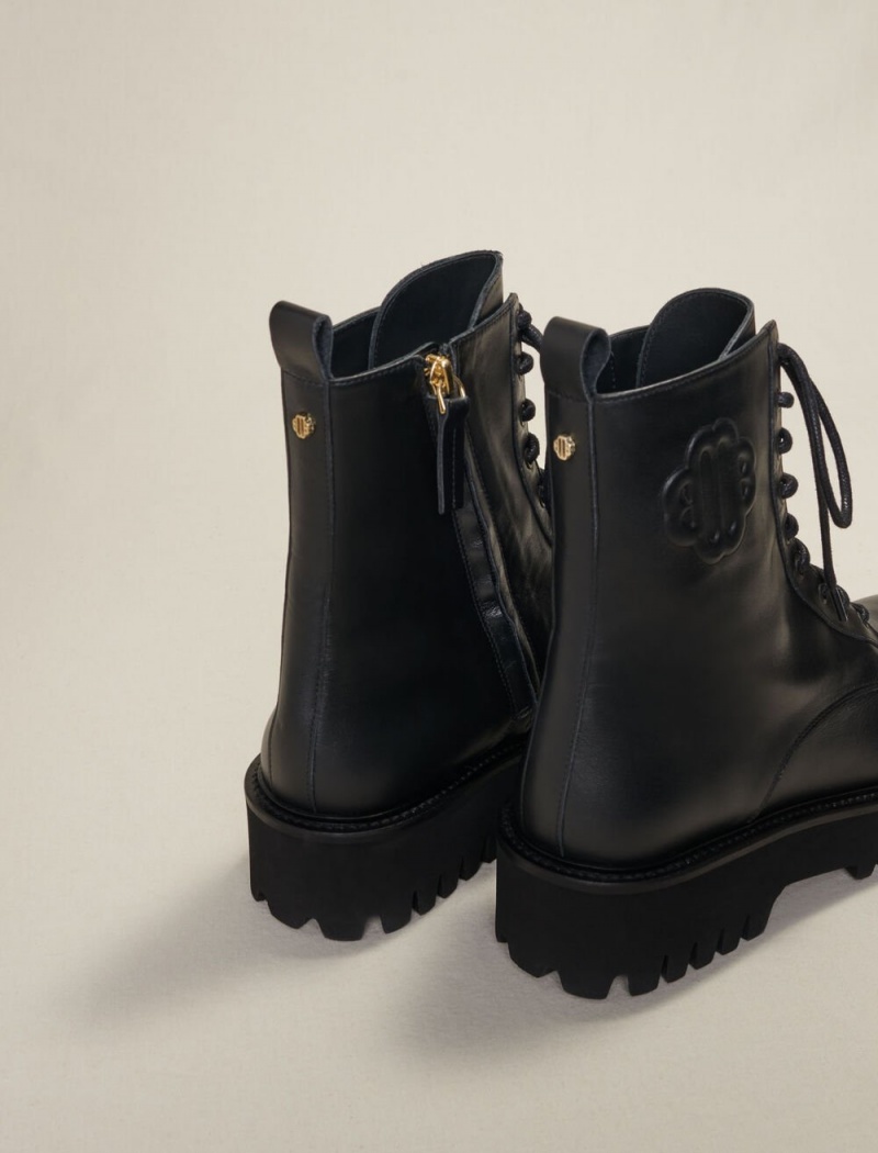 Maje Black Læder Krajkové-up Boots Černé | CZ_M98231