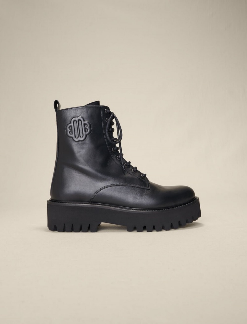 Maje Black Læder Krajkové-up Boots Černé | CZ_M98231