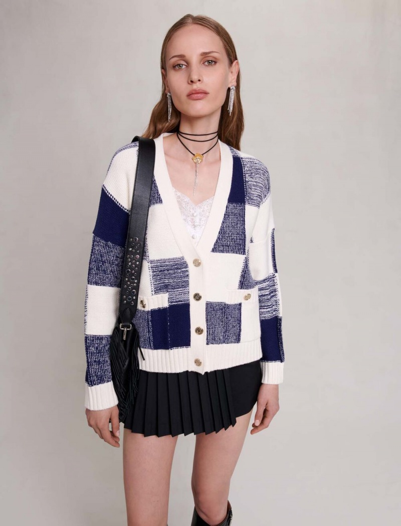 Maje Checked Knit Cardigan Bleu | CZ_M69331