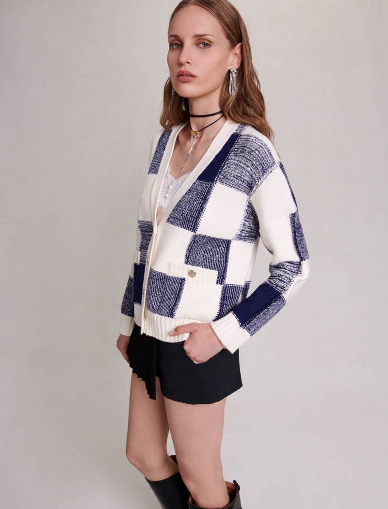 Maje Checked Knit Cardigan Bleu | CZ_M69331