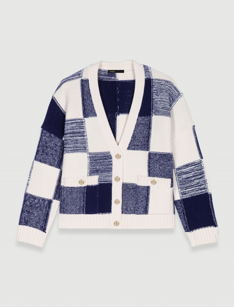 Maje Checked Knit Cardigan Bleu | CZ_M69331