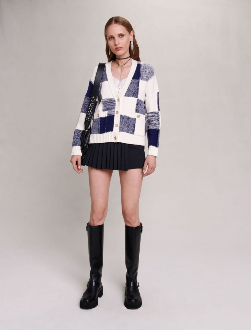 Maje Checked Knit Cardigan Bleu | CZ_M69331