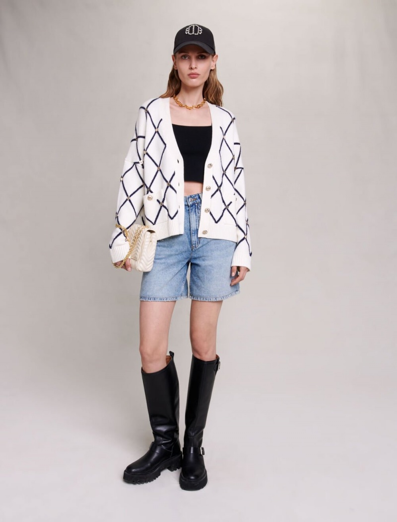 Maje Diamond Pattern Pletené Cardigan Ecru | CZ_M17666