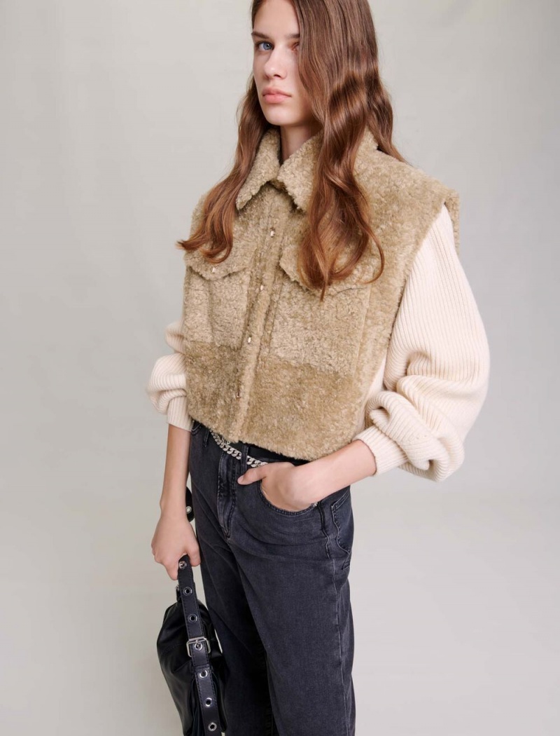 Maje Faux Fur And Knit Hnědožlutý | CZ_M39233