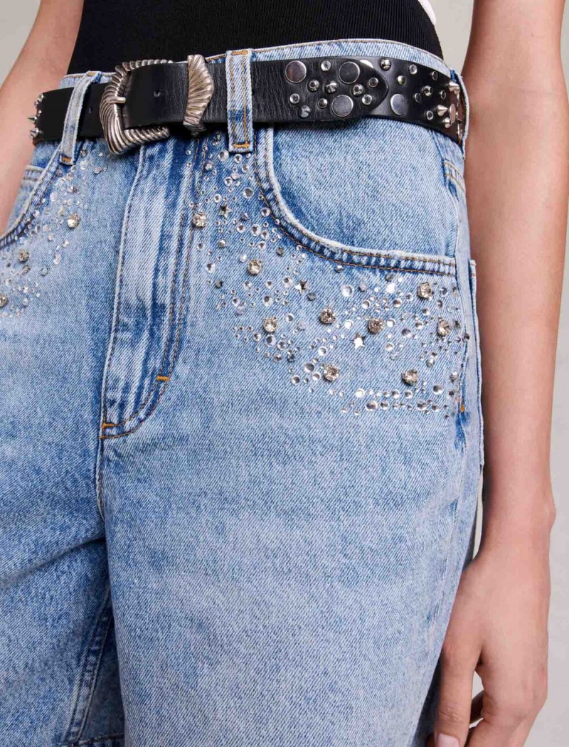 Maje Flared Denim Shorts With Rhinestones Blankyt | CZ_M39788