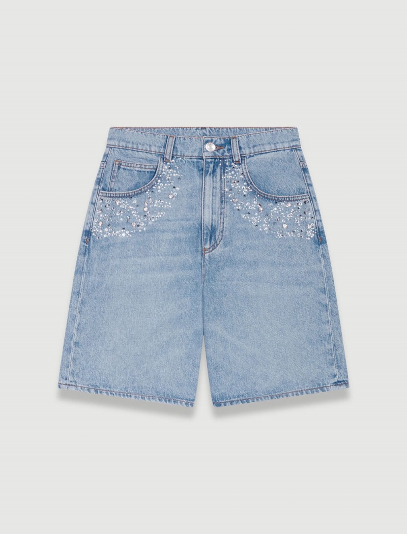 Maje Flared Denim Shorts With Rhinestones Blankyt | CZ_M39788