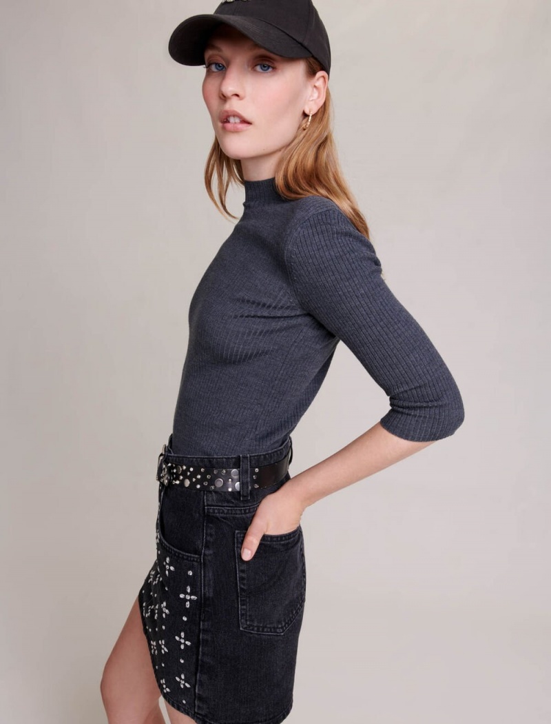 Maje Krátké Denim With Rhinestones Černé | CZ_M17251