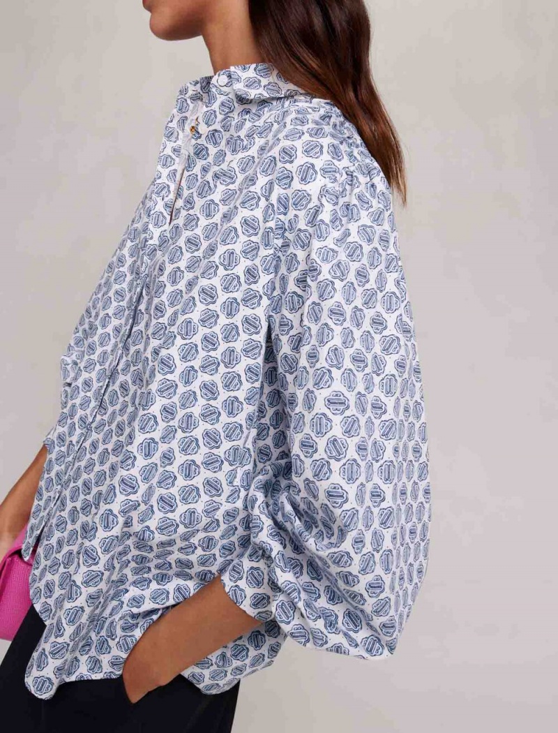 Maje Monogram Printed Shirt Clover monogram ecru/blue | CZ_M25054