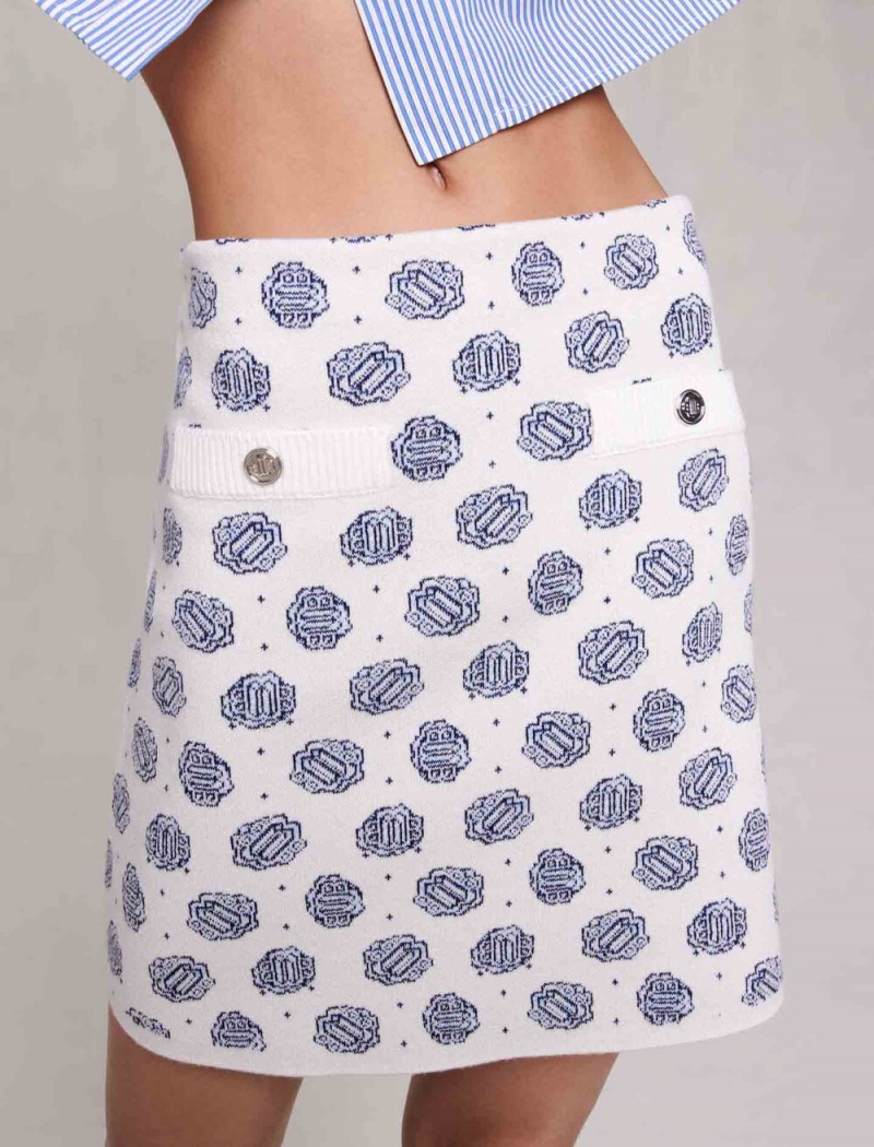 Maje Monogrammed Knit Skirt Clover monogram ecru/blue | CZ_M50139