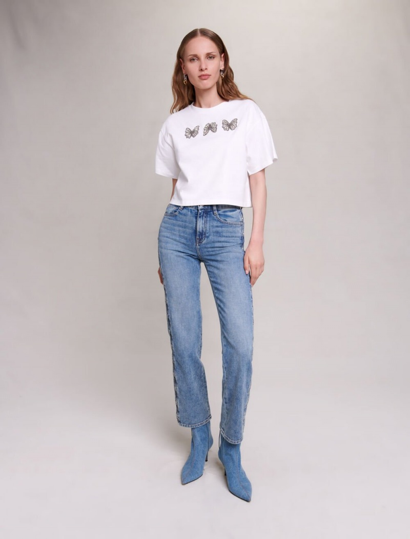 Maje Rhinestone Butterfly Cropped Tee Bílé | CZ_M21339