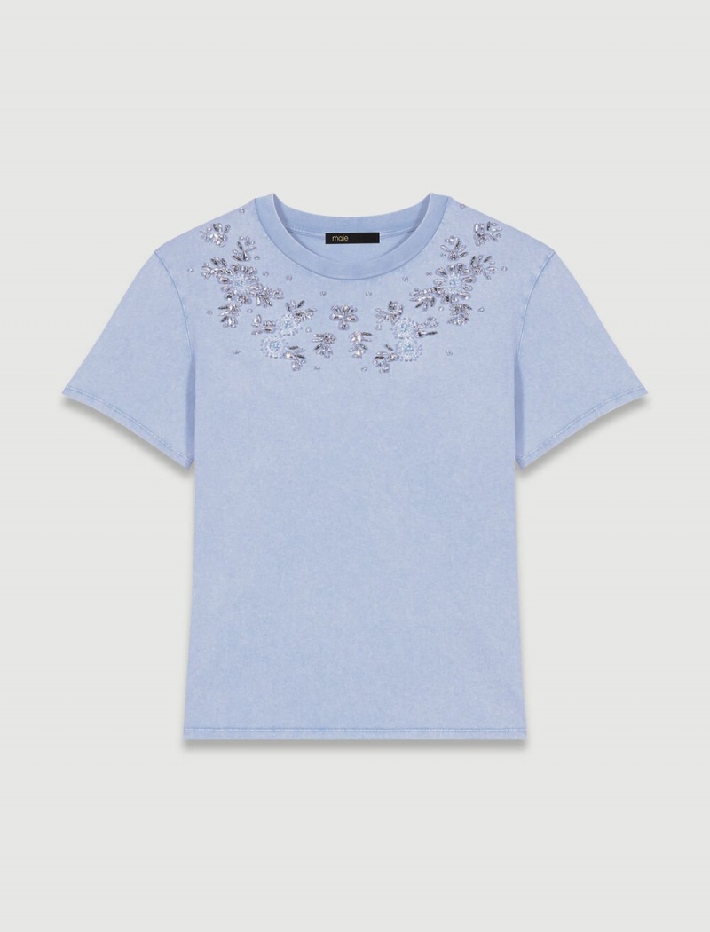 Maje Rhinestone T-shirt Světle Blankyt | CZ_M57505