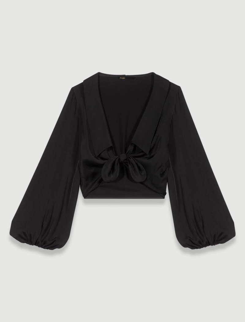 Maje Satin Tie-front Shirt Černé | CZ_M94496