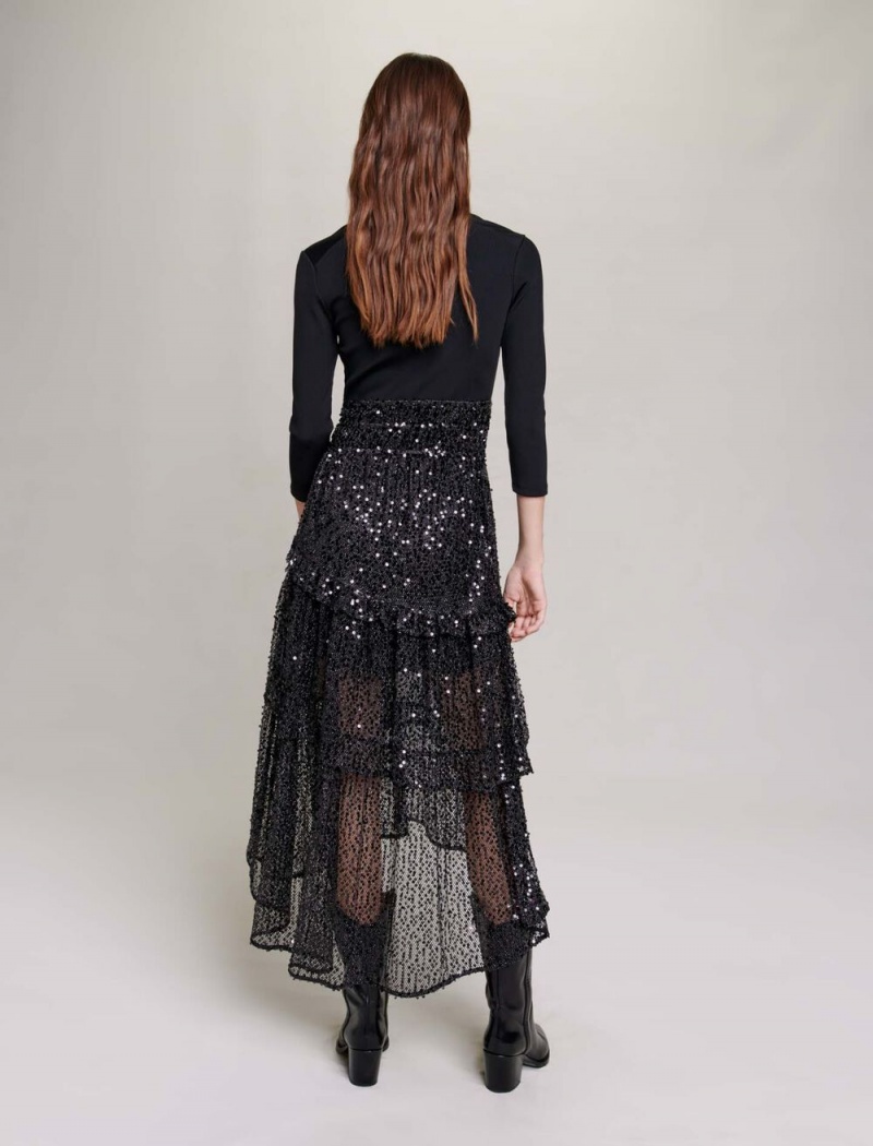 Maje Sequin And Mesh Maxi Černé | CZ_M49863