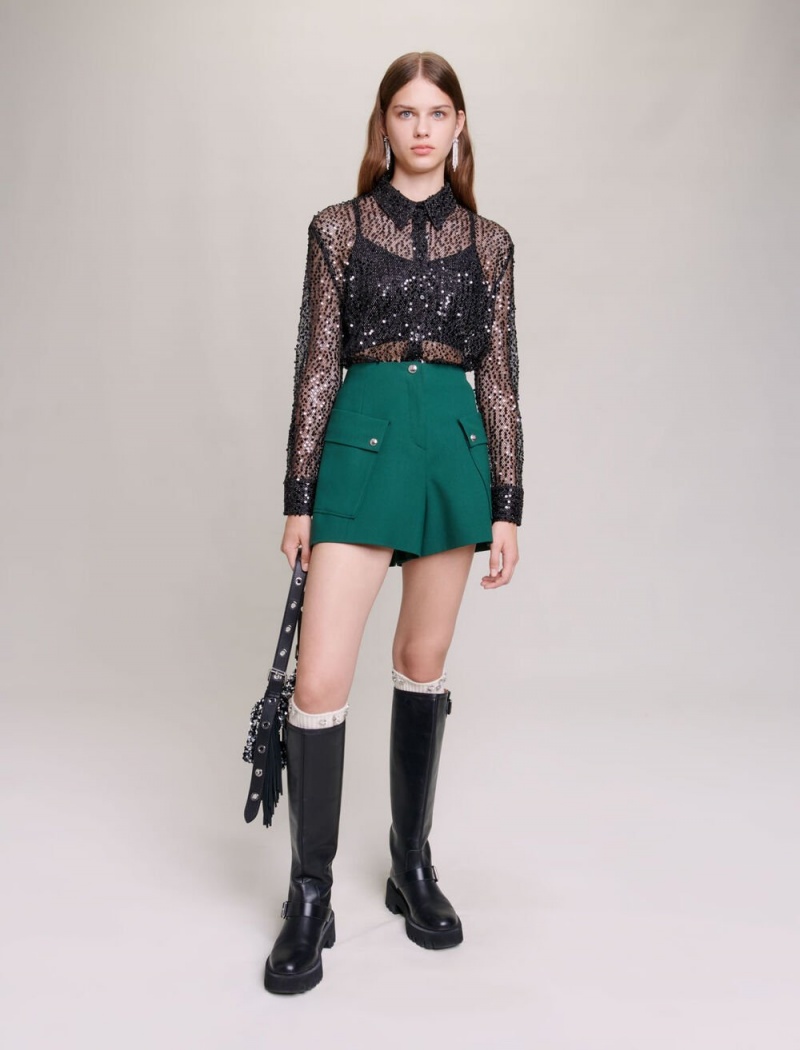 Maje Sequinned Cropped Shirt Černé | CZ_M77100