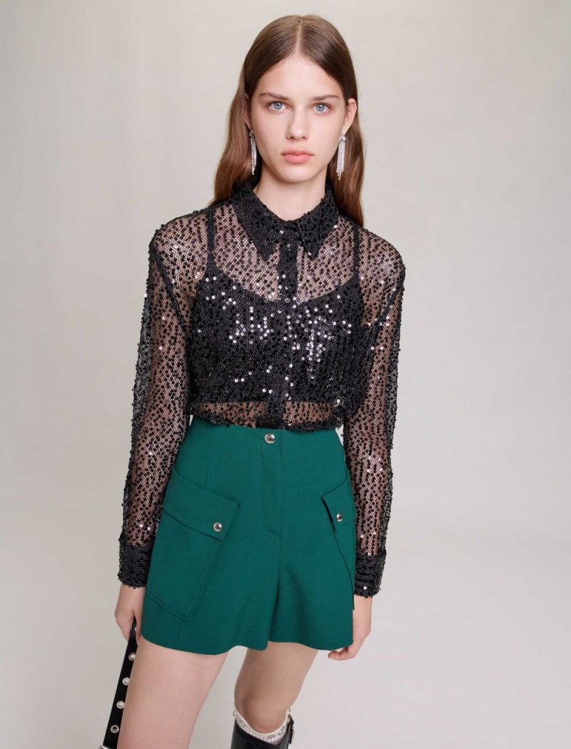 Maje Sequinned Cropped Shirt Černé | CZ_M77100