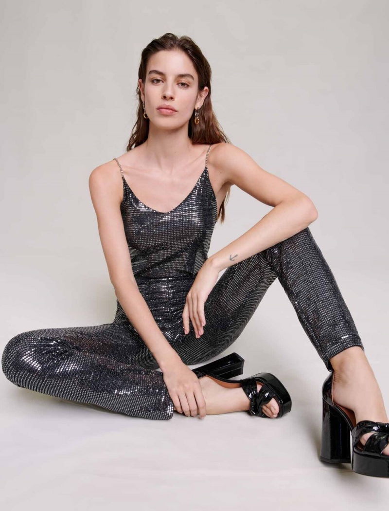 Maje Sequinned Jumpsuit Stříbrné | CZ_M68884