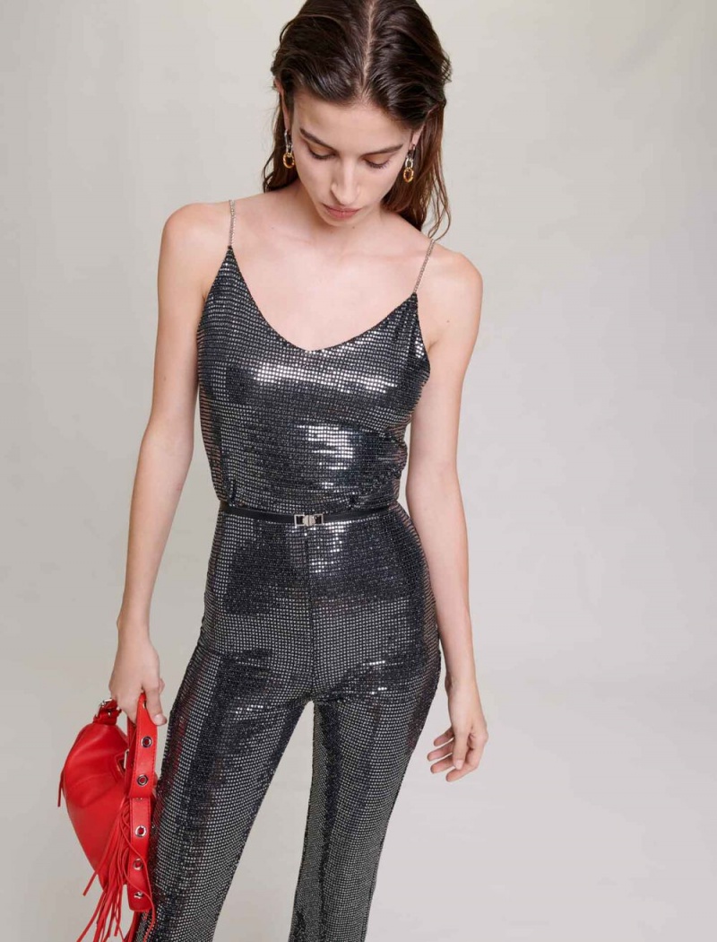 Maje Sequinned Jumpsuit Stříbrné | CZ_M68884