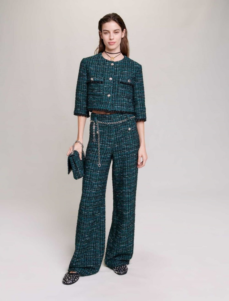 Maje Široké-leg Tweed Trousers Zelene | CZ_M81629